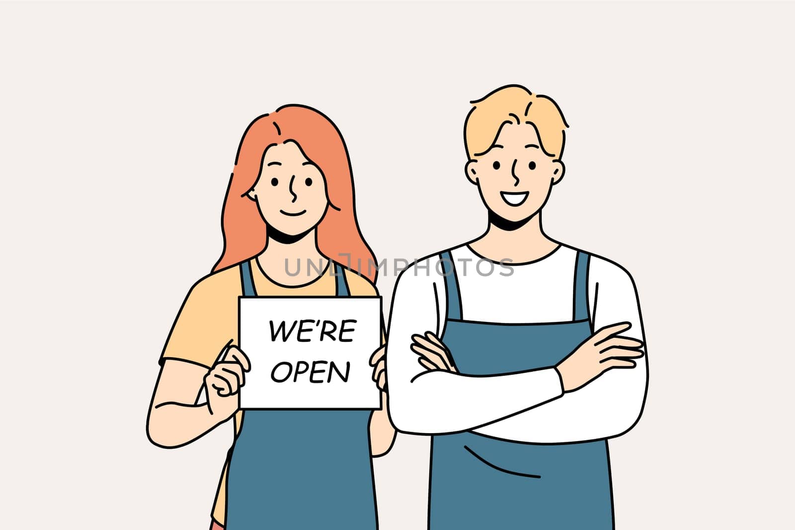 Smiling waiters in aprons hold open sign. Happy man and woman cafe staff notify about shop opening. Vector illustration.
