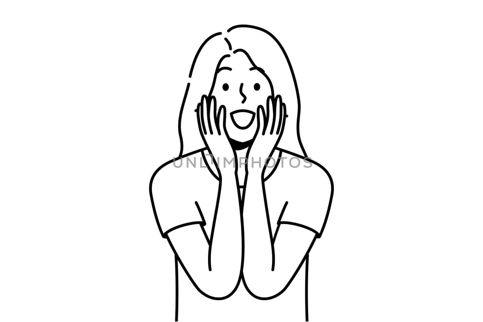 Happy young woman feel excited with good unbelievable news. Smiling girl surprised with unexpected message or notification. Vector illustration.