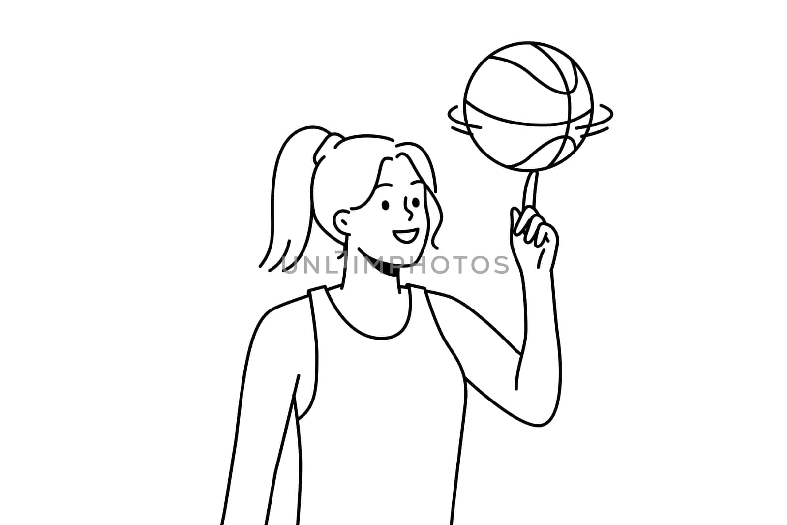Smiling young woman athlete spin ball on finger. Happy girl basketball player play with ball. Sport and game activity. Vector illustration.