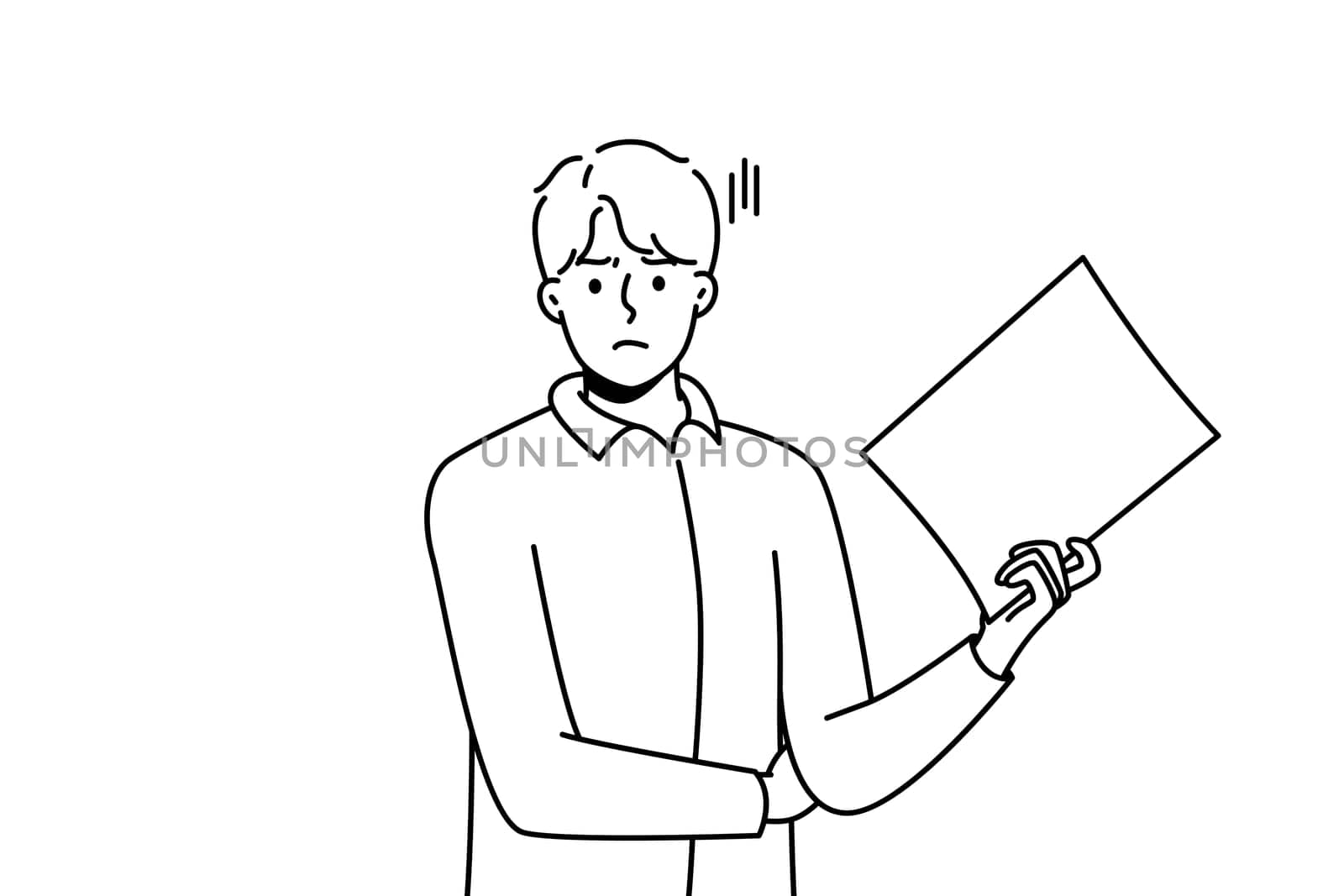 Unhappy young man stand with white paper document. Dissatisfied businessman with paperwork in hands frustrated with results. Vector illustration.