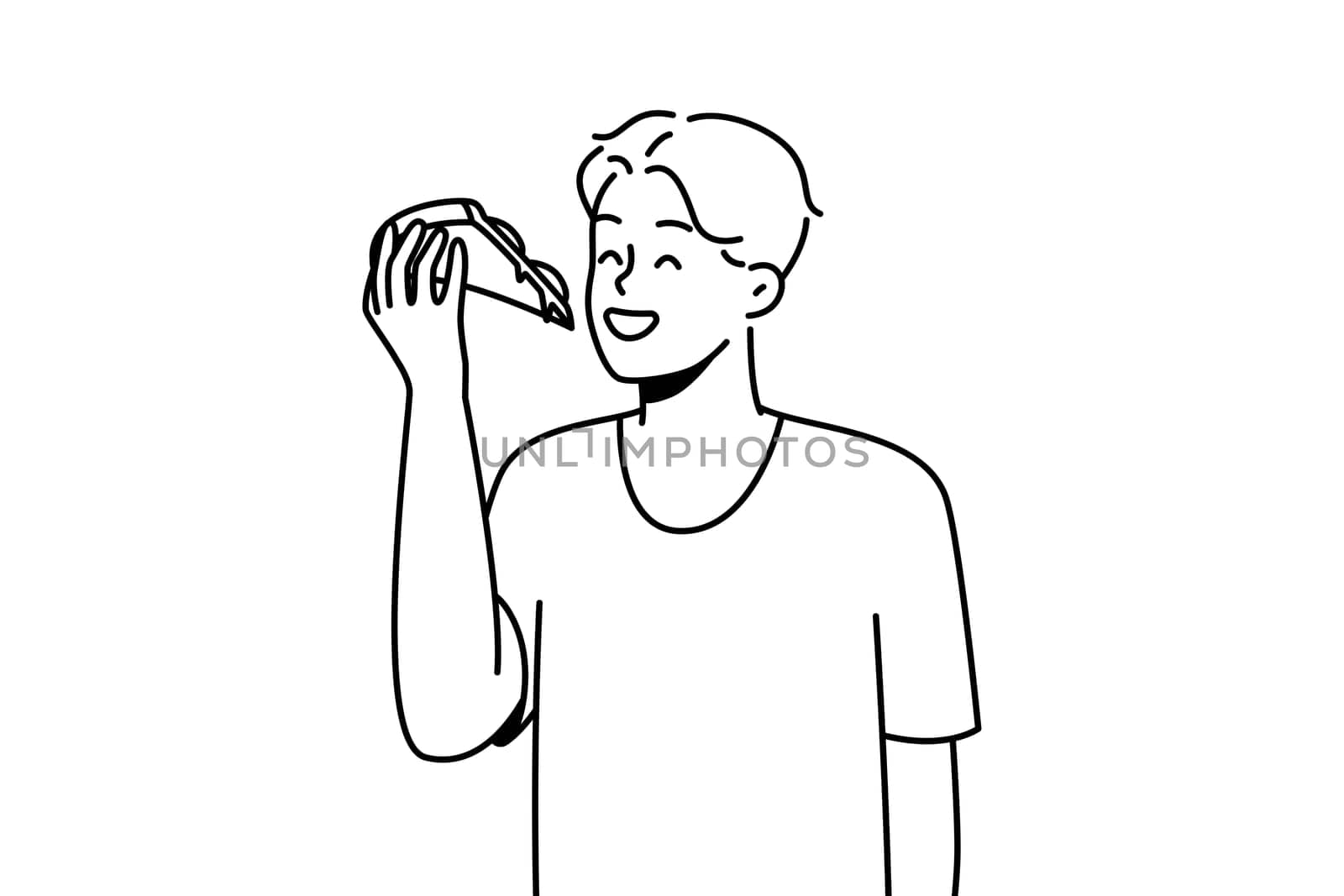 Smiling young man eating slice of pizza. Happy guy enjoy delicious Italian fast food. Cuisine concept. Vector illustration.