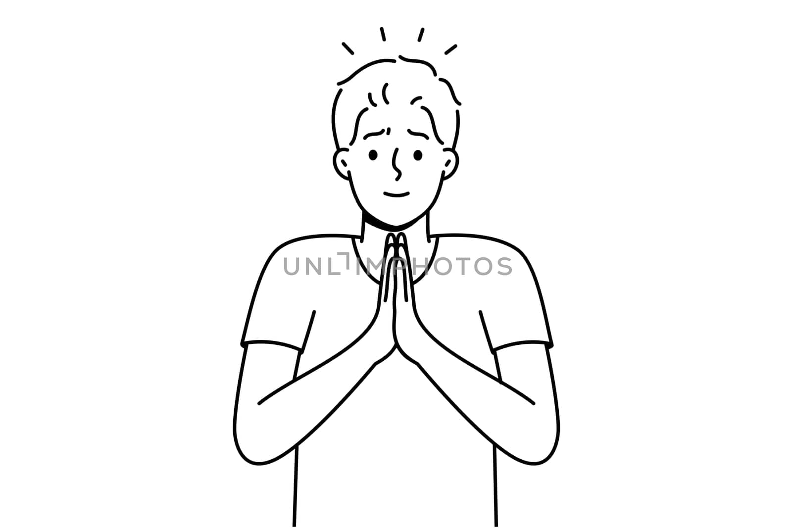 Smiling young man with hands in prayer ask for forgiveness. Male join hands feel grateful or thankful. Gratitude concept. Vector illustration.