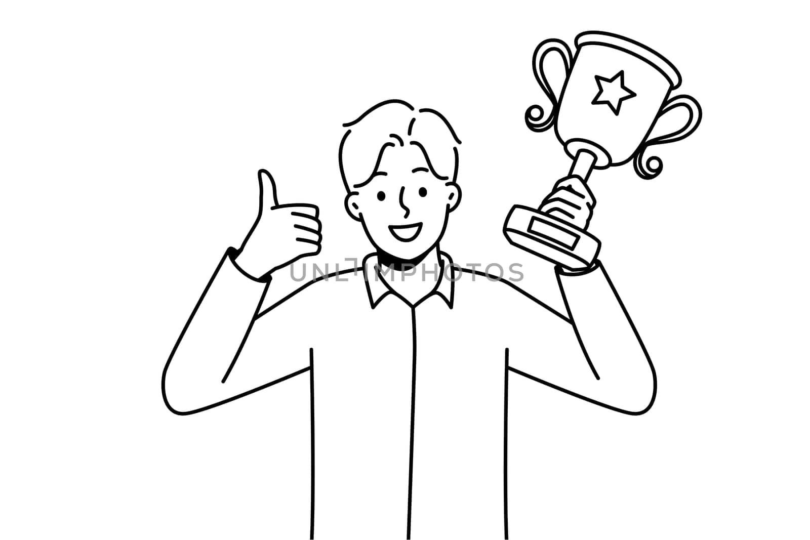 Overjoyed young man with gold prize in hands celebrate win. Smiling businessman with golden award or trophy show thumb up. Vector illustration.