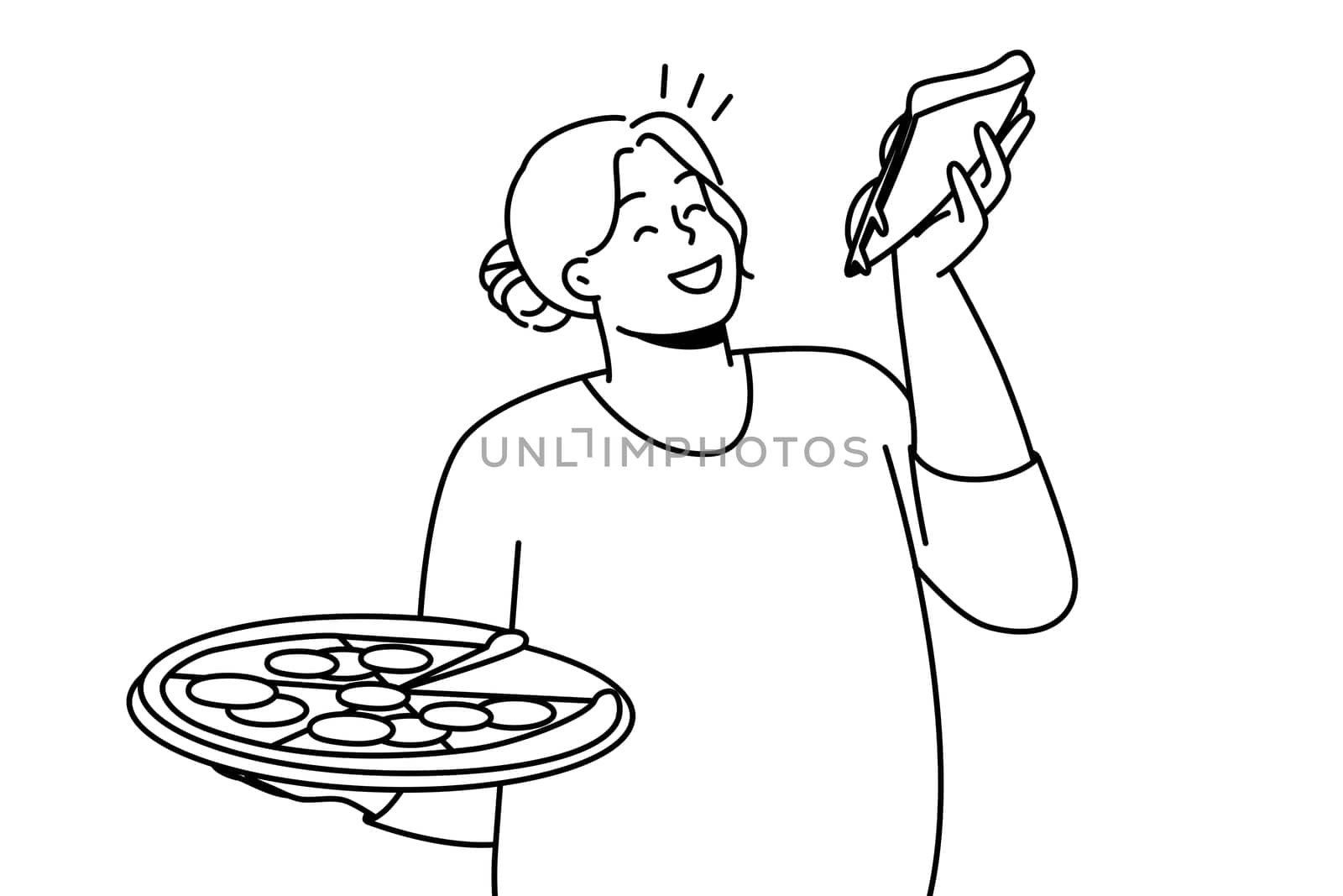 Happy overweight woman with pizza in hands enjoy fast food. Smiling fat female eating Italian food. Body positive. Vector illustration.