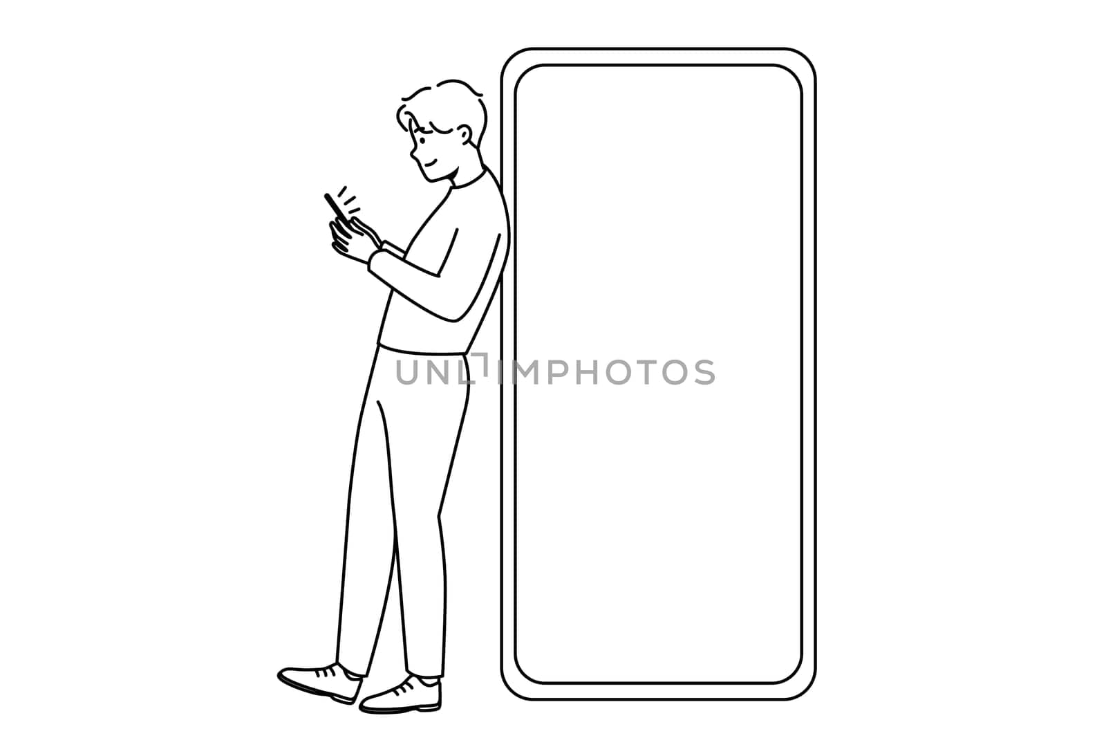 Young man standing near huge smartphone with mockup screen. Guy pose near cellphone with empty blank copy space display. Vector illustration.