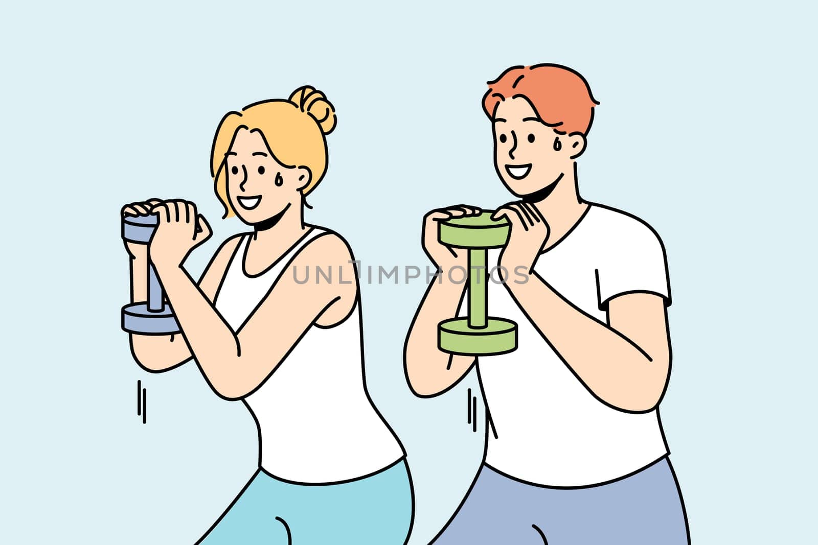 Guy, girl exercising with dumbbell. Young couple training together. Man, woman doing fitness, workout. Athletes work on strength, prepare body for competition. Weight loss practice. Vector outline.