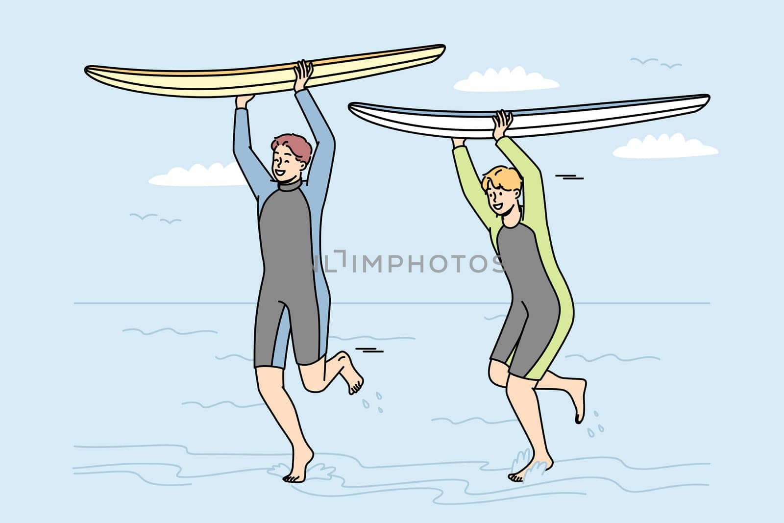 Guys in wetsuits run with surfboards over their heads along seashore. Boys are surfing on ocean on summer vacation. Young men practicing extreme sport on sea. Vector outline colored illustration.