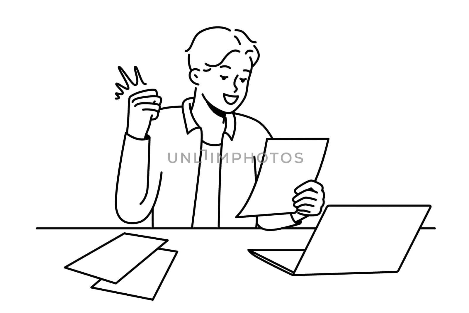 Smiling young man sit at desk work on computer excited with good news in letter. Happy guy celebrate promotion or win notification in paperwork. Vector illustration.