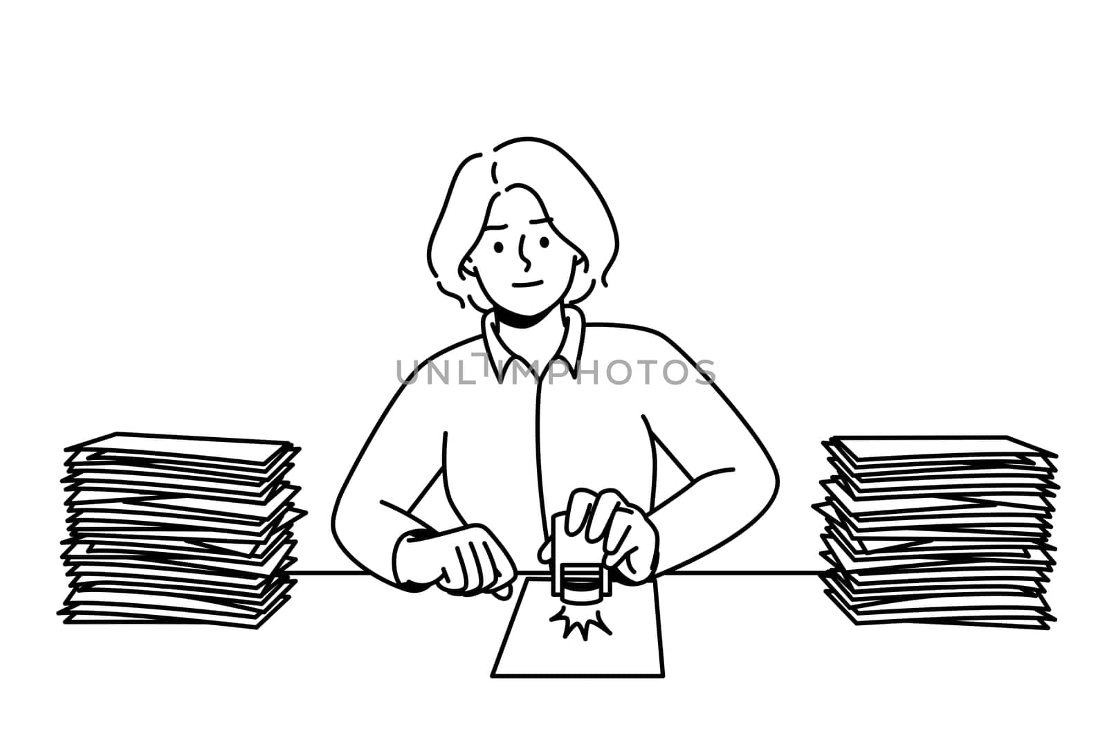 Woman sit at desk stamping documents. Female employee busy with paperwork at workplace. Office job concept. Vector illustration.