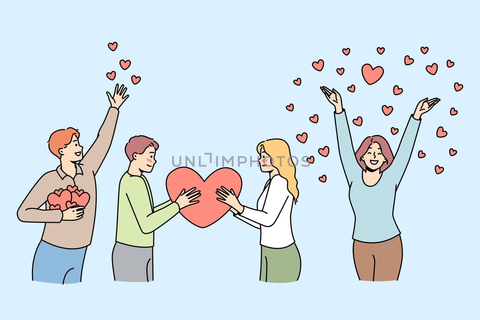 Young men, women hold big heart, give, spread their deep feelings, attention, happiness. Couple falling in love, pair of sweethearts, Saint Valentines day celebration. Vector outline romantic set.