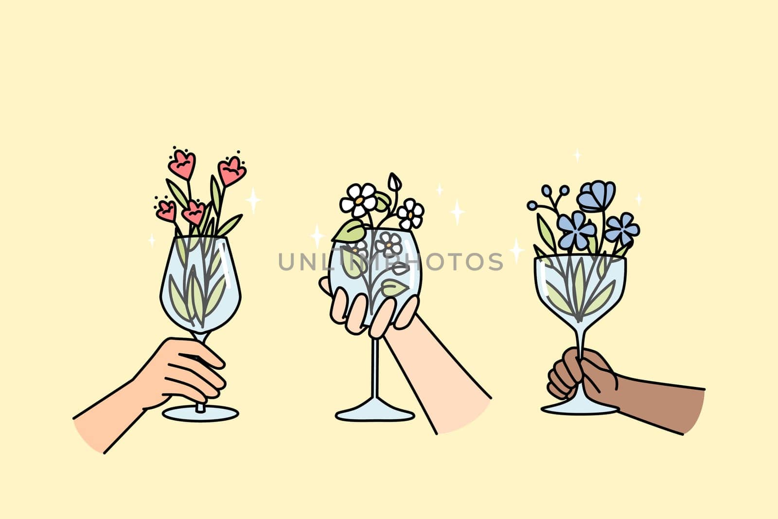 Hands of multiracial people hold wineglasses with flowers inside. Creative blossom plant arrangement in glassware for interior, party. Floral drink, lemonade, cocktail in wine glasses vector concept.
