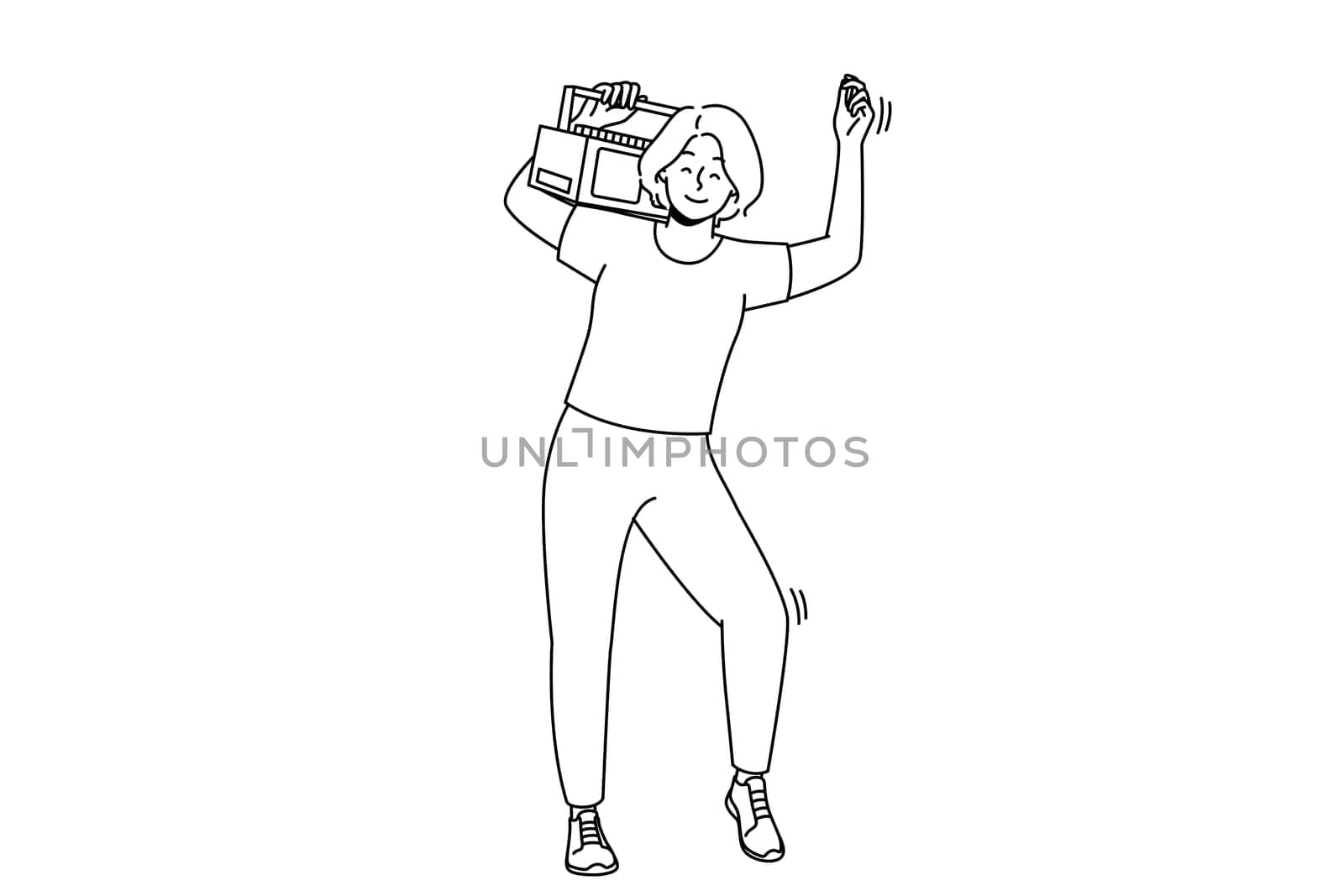 Overjoyed young woman with stereo on shoulder dancing and having fun. Smiling girl enjoy music on boombox device. Vector illustration.