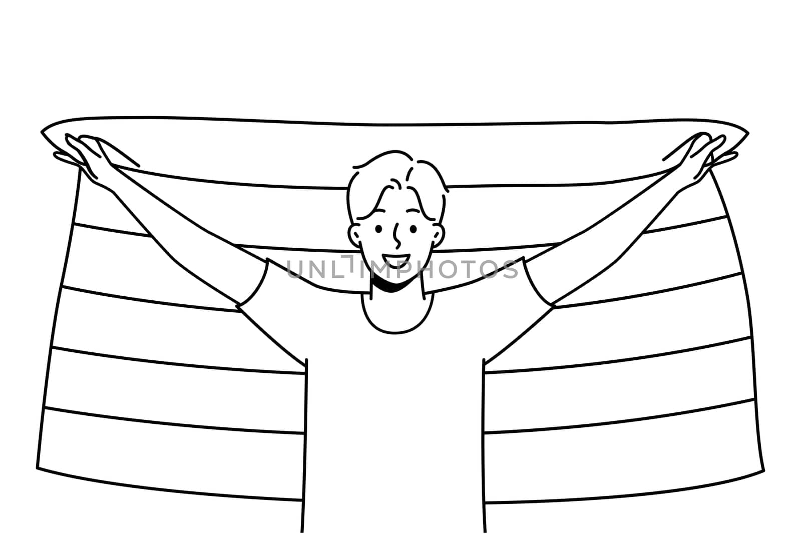 Smiling young man with LGBTq flag show support on pride parade. Happy guy express freedom of love. Homosexuality concept. Vector illustration.