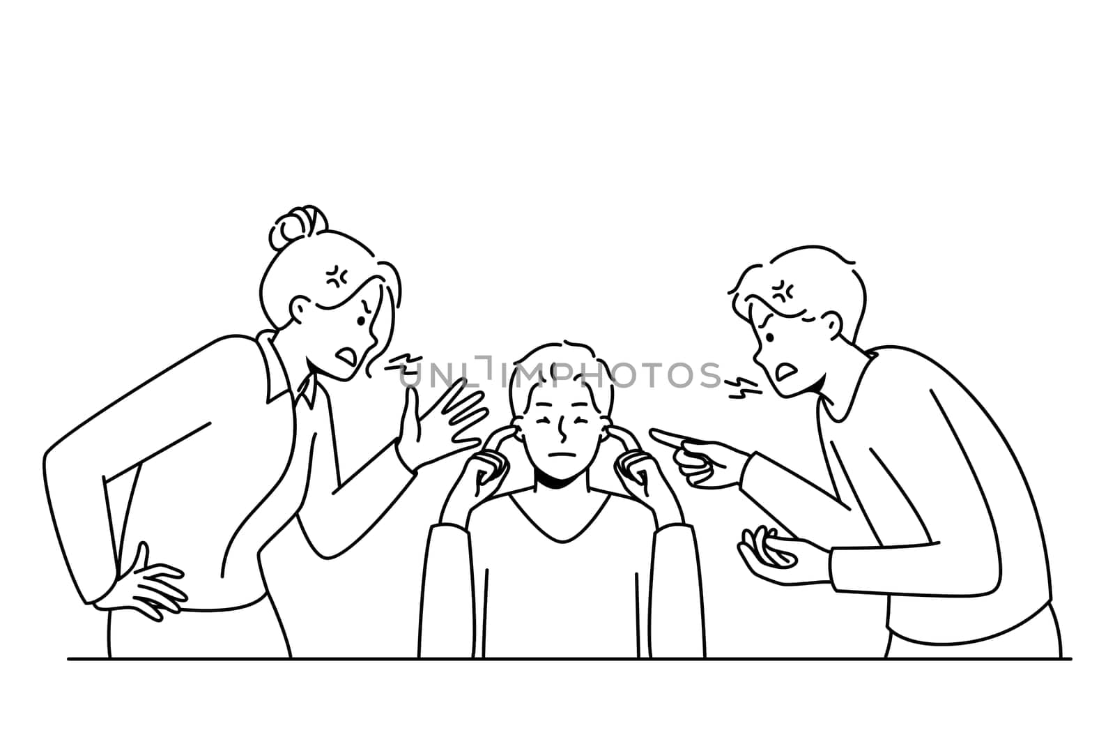 Man close ears ignore loud screaming colleagues shouting and lecturing. Calm ignorant male distracted from coworkers yelling. Stress free. Vector illustration.