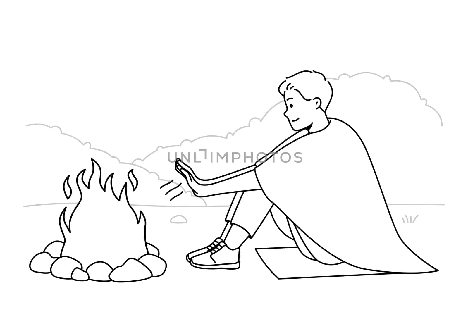 Young man sit on ground in nature warm hands at campfire at night. Smiling male relax on hiking trip in forest near fire. Vector illustration.