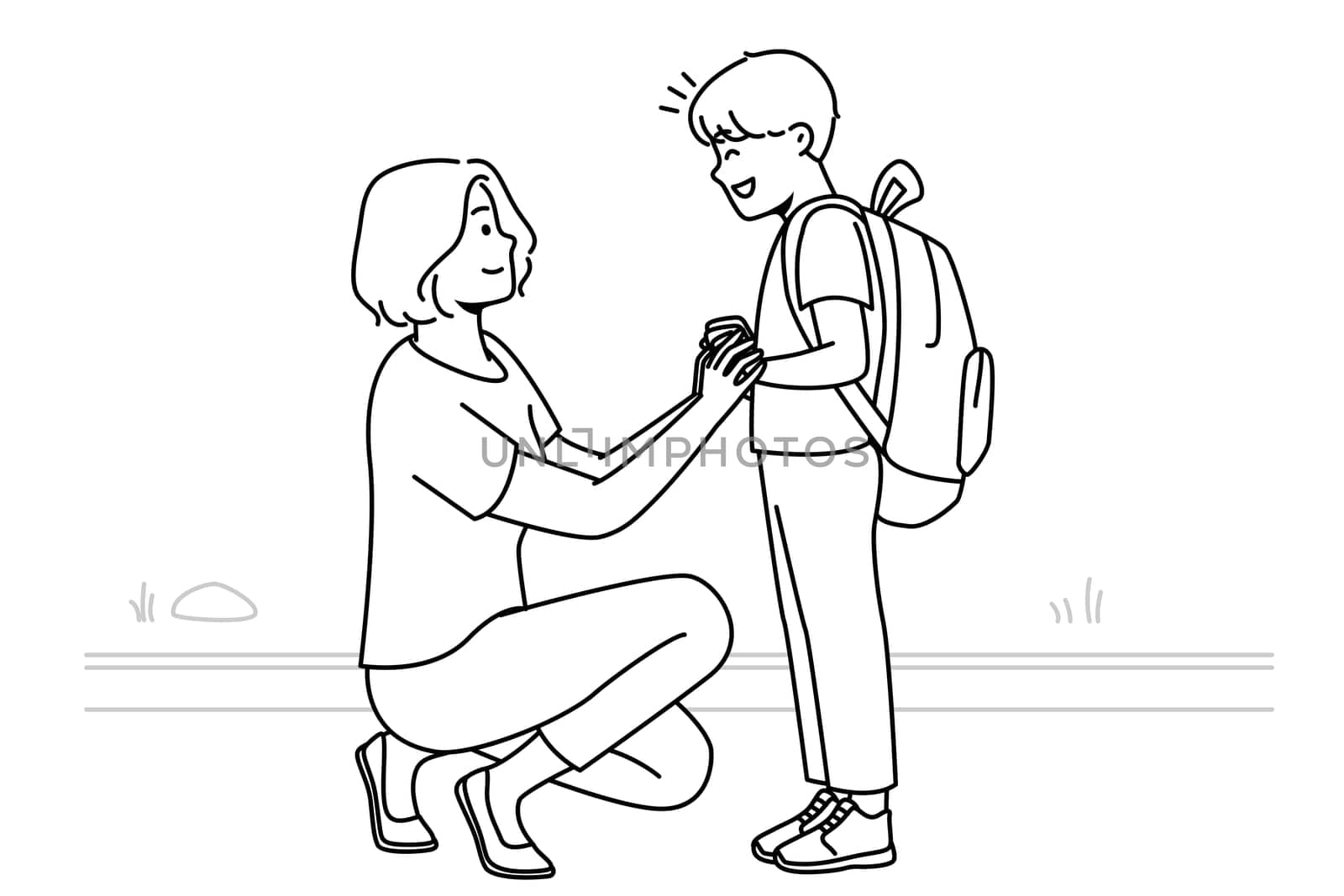 Smiling mother seeing small teen son with backpack to school. Happy caring mom get off excited boy child to kindergarten. Vector illustration.