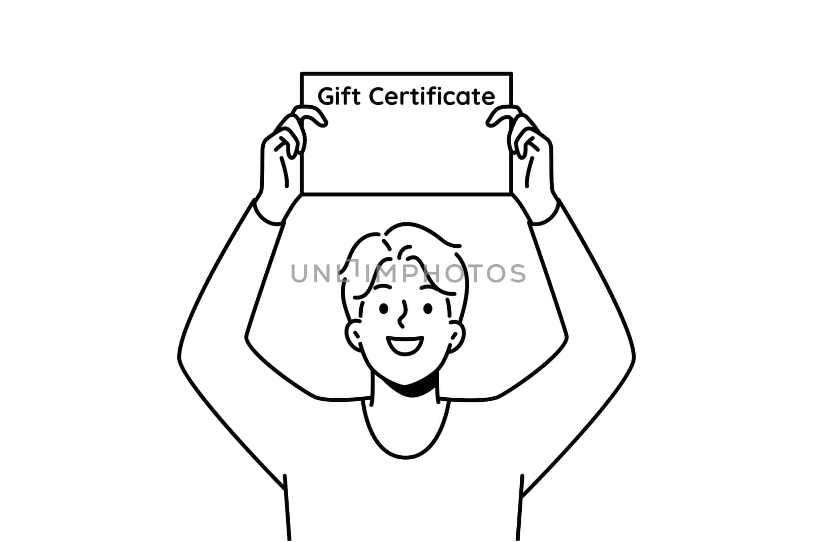 Smiling young man holding gift certificate in hands. Happy guy with paperwork document for present. Vector illustration.