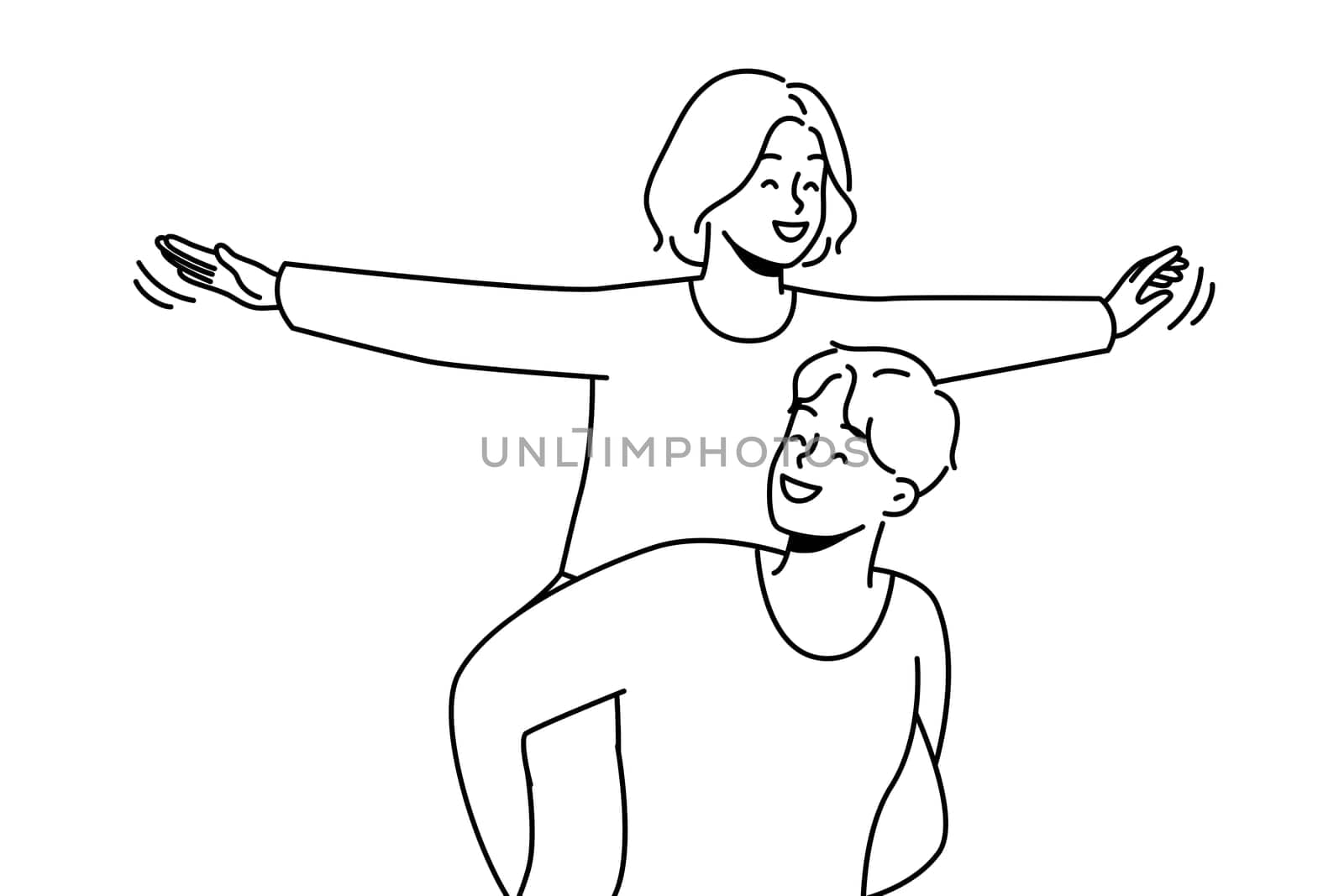 Happy young woman piggyback smiling man have fun together. Loving guy carrying on shoulders excited girl. Love and relationships. Vector illustration.