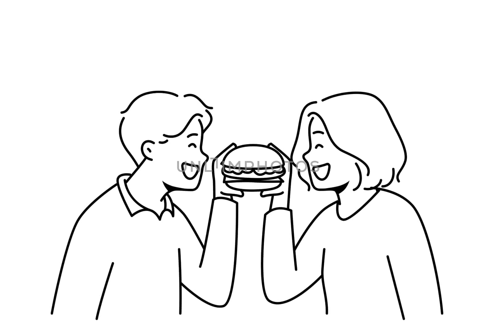 Smiling couple eating tasty hamburger together. Happy man and woman enjoy delicious burger. Fast food and restaurant chain. Vector illustration.