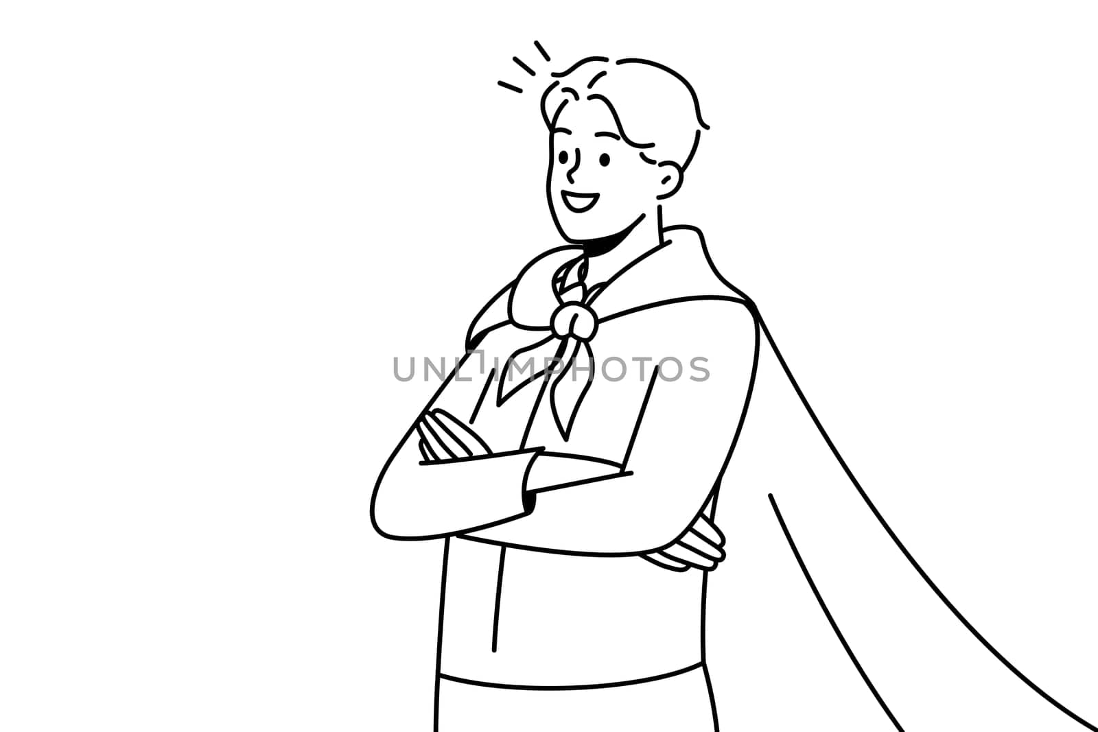 Smiling motivated man wearing superman coat satisfied with achievement or accomplishment. Happy successful businessman in superhero coat. Vector illustration.