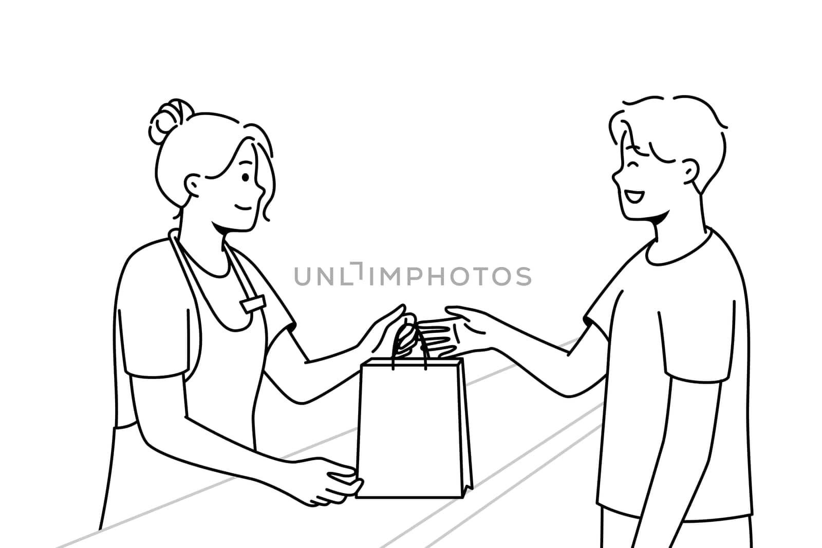 Smiling female cashier give cardboard bag to happy male customer in shop. Happy woman seller hand package to excited man client in store. Vector illustration.