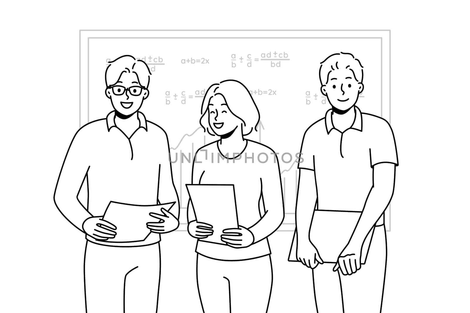 Smiling students with documents standing near board presenting in classroom. Happy pupils with paperwork make presentation in school. Vector illustration.
