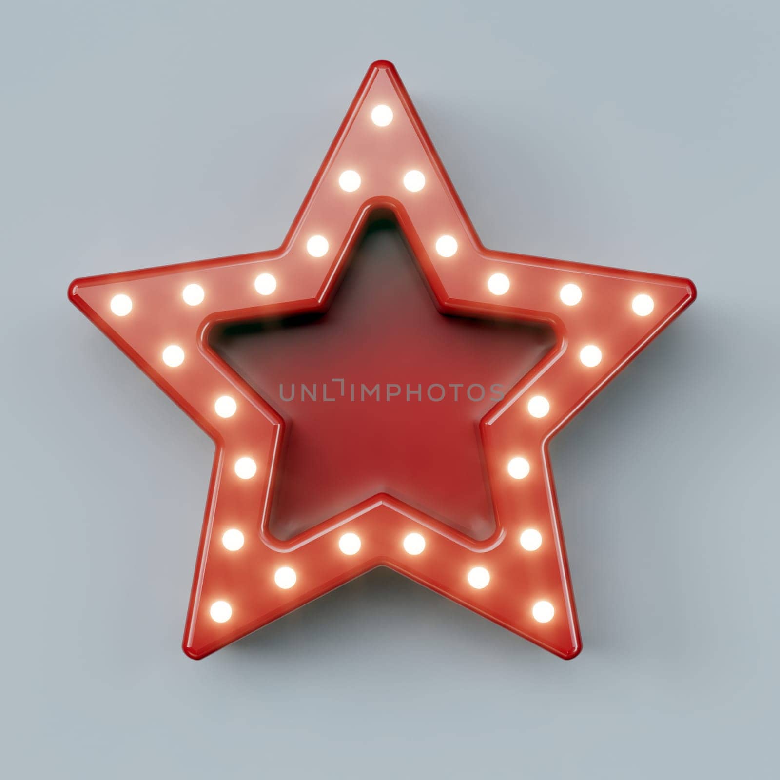 Red retro billboard in the shape of a star with glowing neon lights -- 3D Rendering