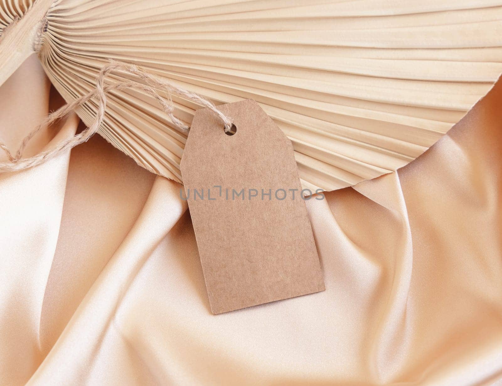 Blank gift tag on beige satin fabric and dried palm leaf close up, mockup. Boho scene with kraft paper envelope. Bohemian or close to nature greeting or wedding Invitation. Romantic composition.