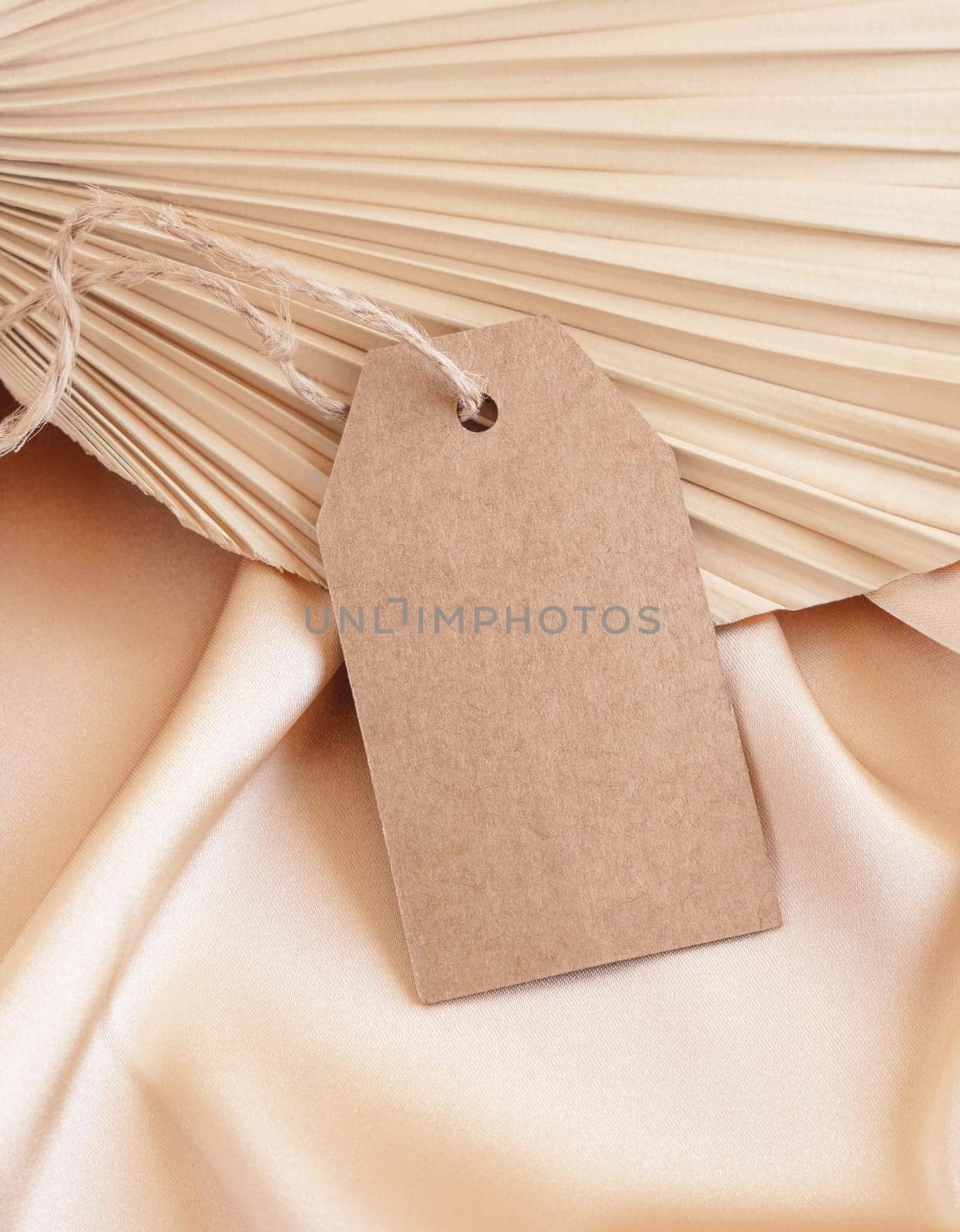 Blank gift tag on beige satin fabric and dried palm leaf close up, mockup. Boho scene with kraft paper envelope. Bohemian or close to nature greeting or wedding Invitation. Romantic composition.
