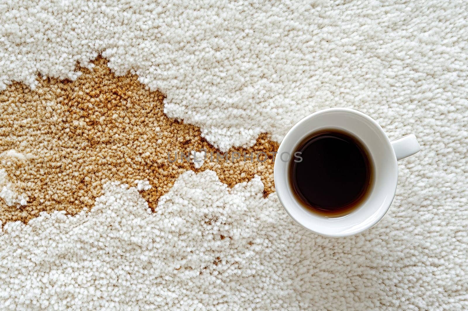 Coffee spilled on white carpet. Top view of a cup of coffee on a white carpet and a large dirty coffee stain nearby.