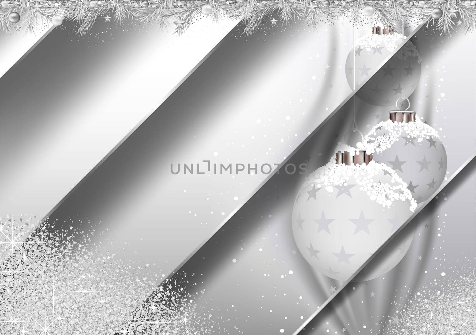 Silver Modern Christmas Background with Layered Effect with Christmas Balls Motif - Festive Colored Illustration
