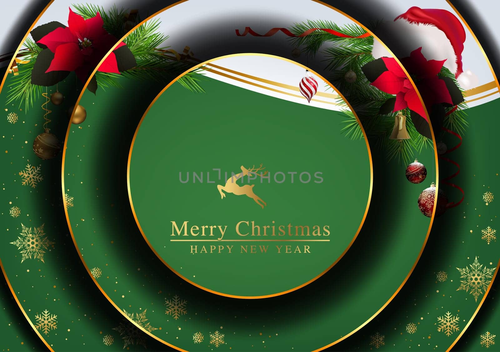 Green Abstract Christmas Background with Christmas Decorations and Layered Shadow Effect with Optical Illusion - Original Colorful Illustration