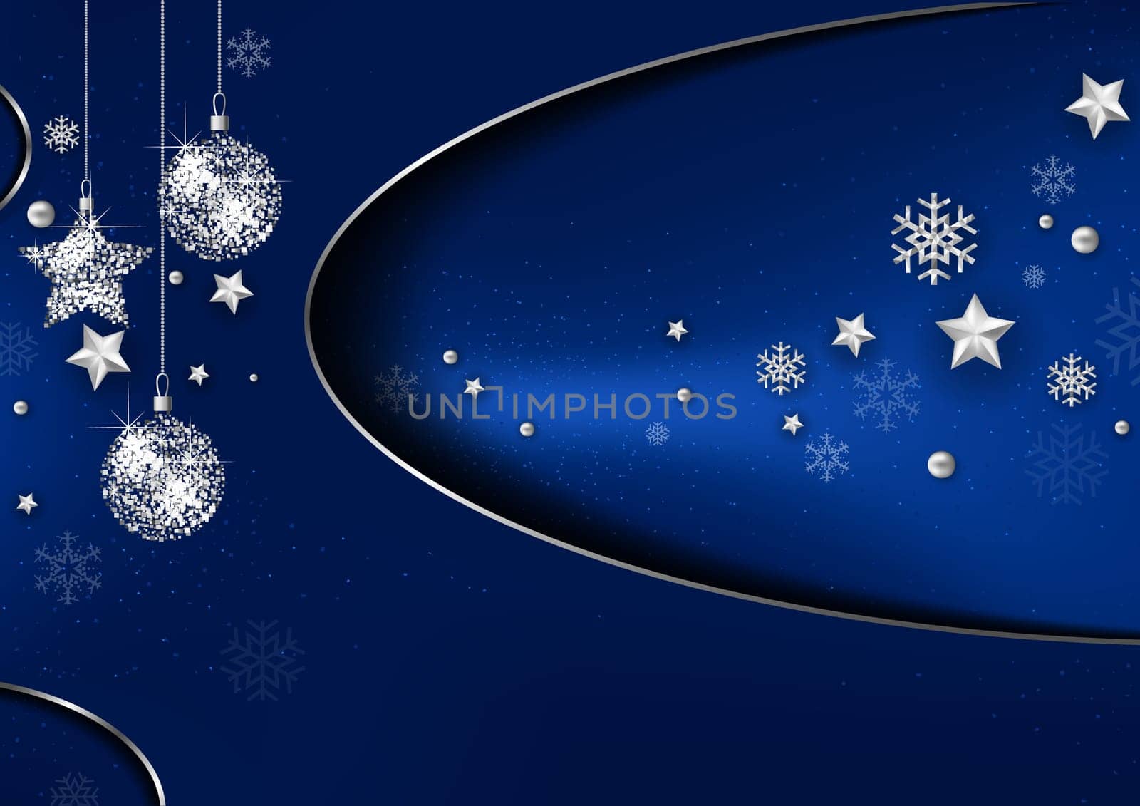 Blue Abstract Christmas Background with Silver Decorations and Snowflakes with Three-dimensional Shadow Effect - Colored Illustration