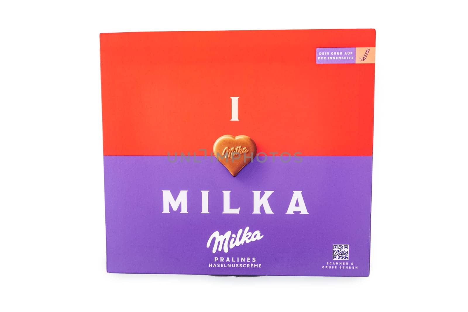 WETZLAR, GERMANY - 2022-11-15 : Box of MILKA Chocolate. These heart-shaped pralines I Love Milka chocolates are made from Alpine milk chocolate.