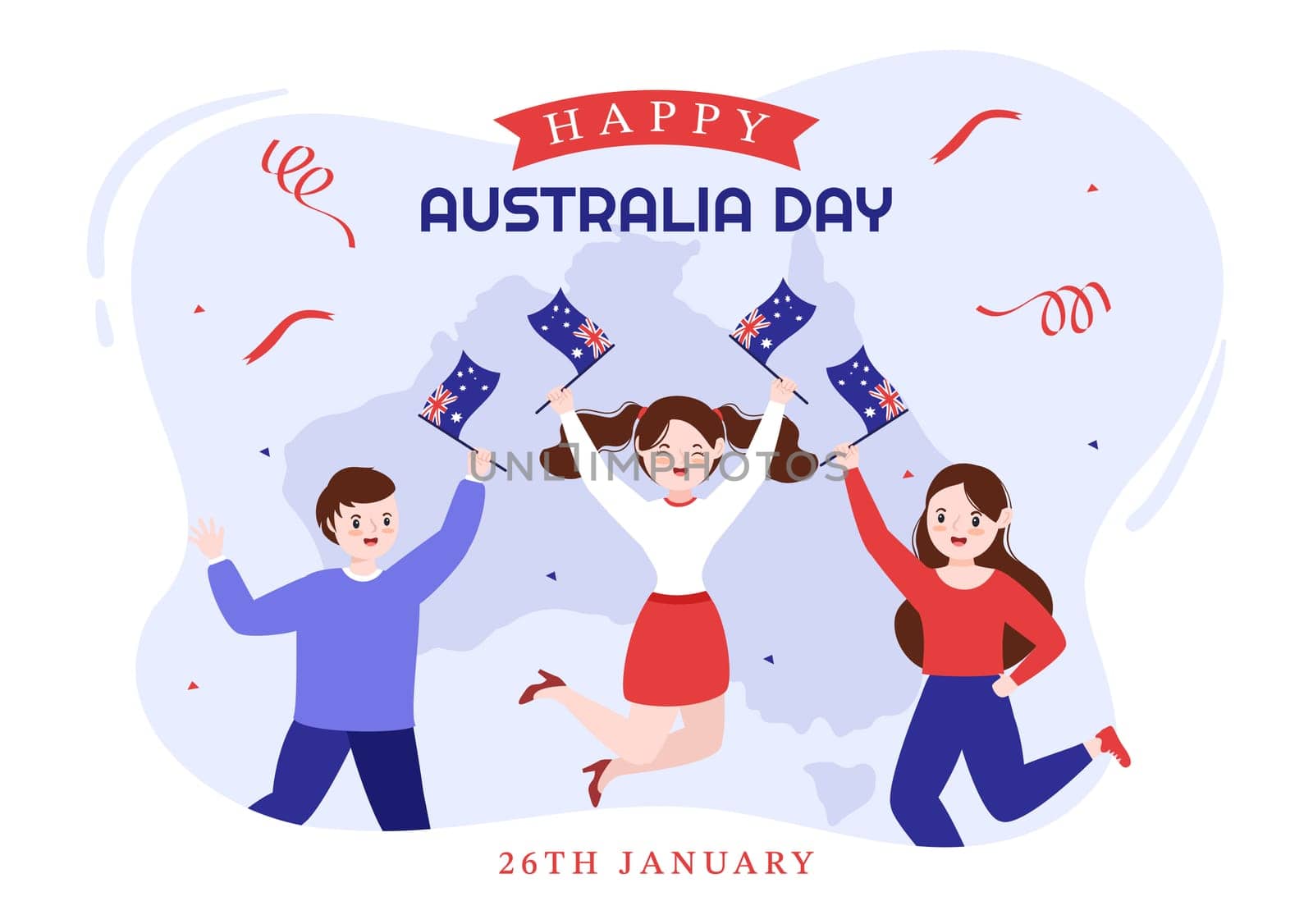Happy Australia Day Observed Every Year on January 26th with Flags and Map to Diversity of Peoples in Flat Cartoon Hand Drawn Template Illustration