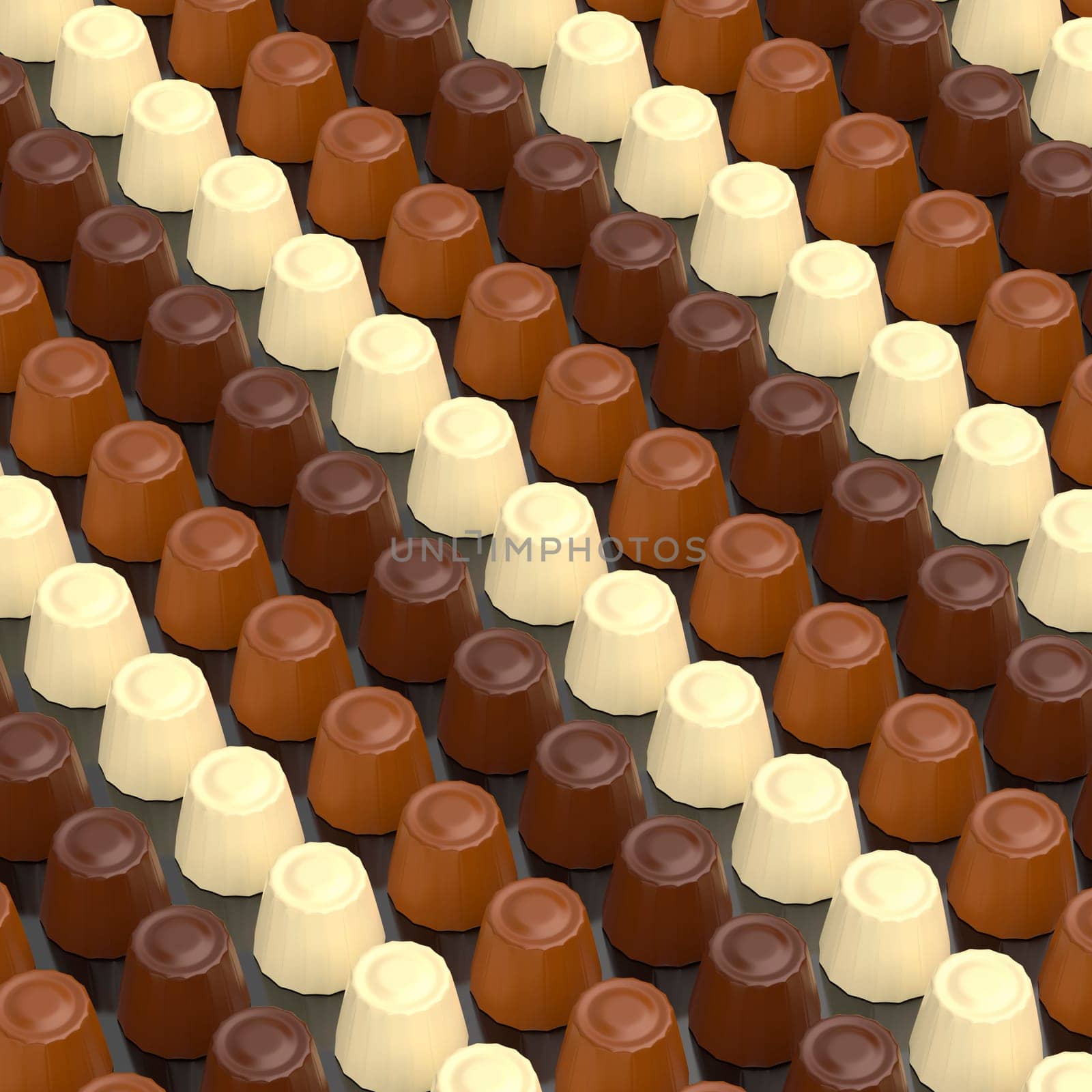 Many rows with dark, white and milk chocolate pralines