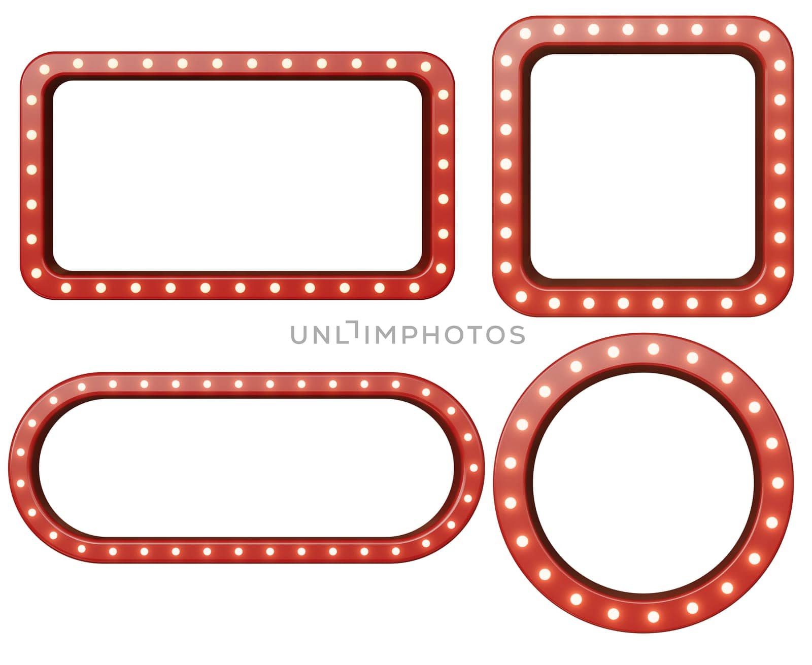 4 x Red retro billboards with glowing neon lights -- 3D Rendering