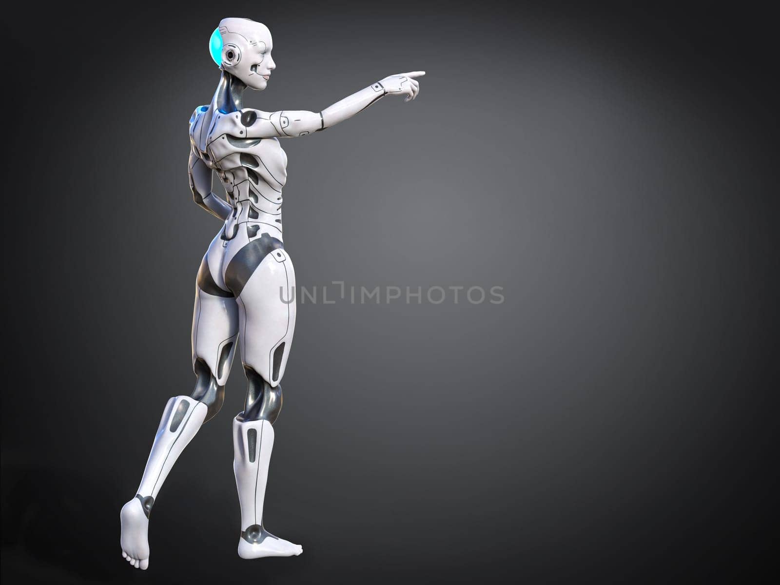 3D rendering of an android robot woman posing with her back against the camera and holding her arm out and pointing. Greyish background.