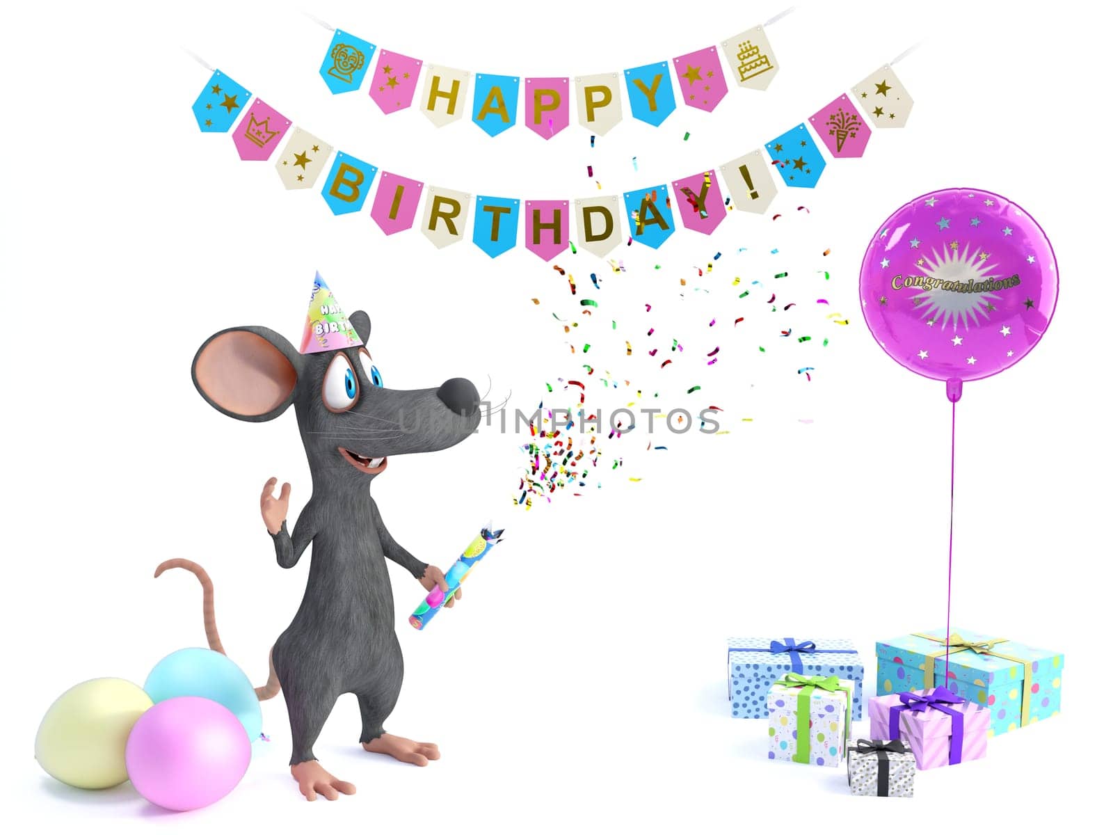 3D rendering of a cute smiling cartoon mouse shooting a party popper or confetti cannon and celebrating a happy birthday party. White background with balloons, gifts and celebration banners.