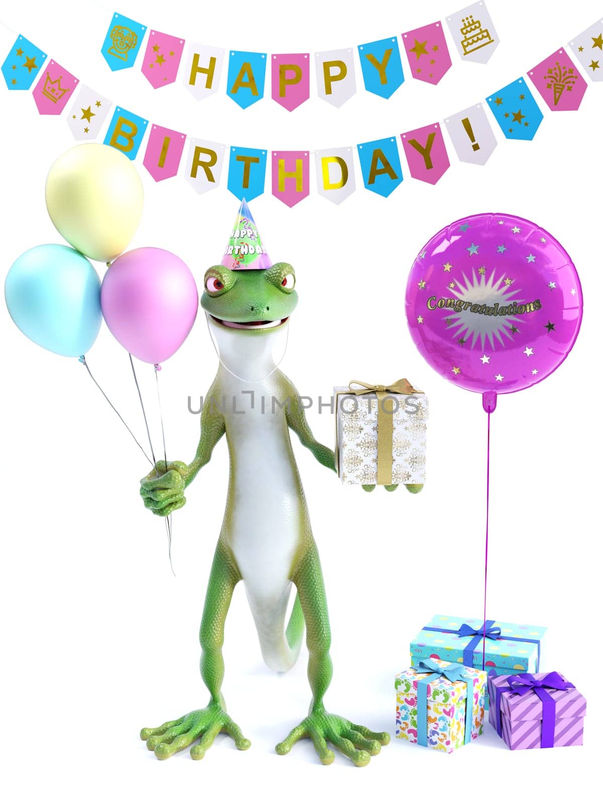 3D rendering of a cool green gecko or lizard holding three balloons in one hand and a wrapped present in the other celebrating a happy birthday party. White background with gifts and celebration banners.