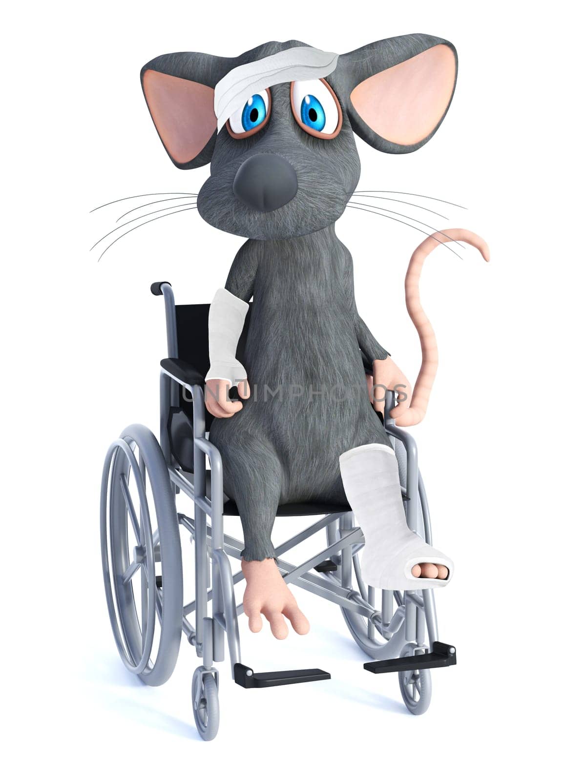 3D rendering of an injured cartoon mouse wearing a head bandage and with a broken leg and arm sitting in a wheelchair. He is looking sad. White background.