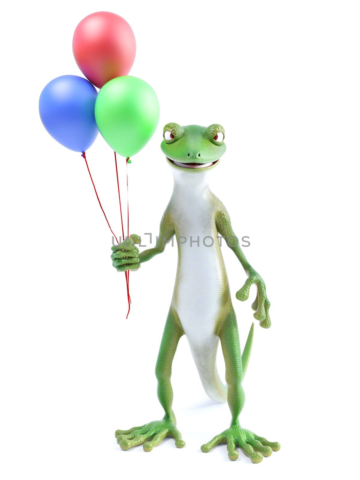 3D rendering of a cool green gecko or lizard standing up and holding three balloons in his hand. White background.