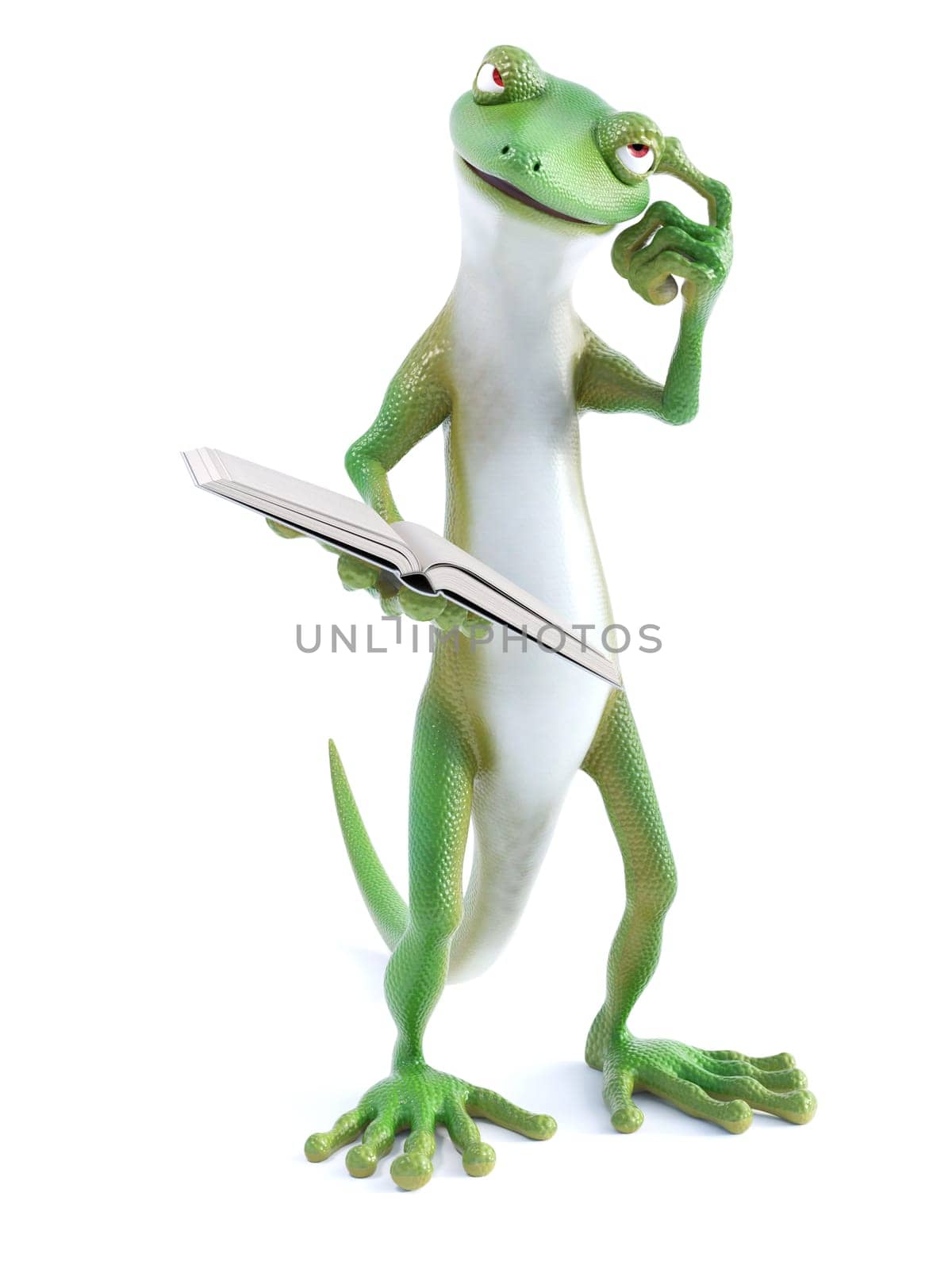 3D rendering of a cool green gecko or lizard standing up and holding an open book in its hand thinking about something, looking a bit confused while scratching his head. White background.