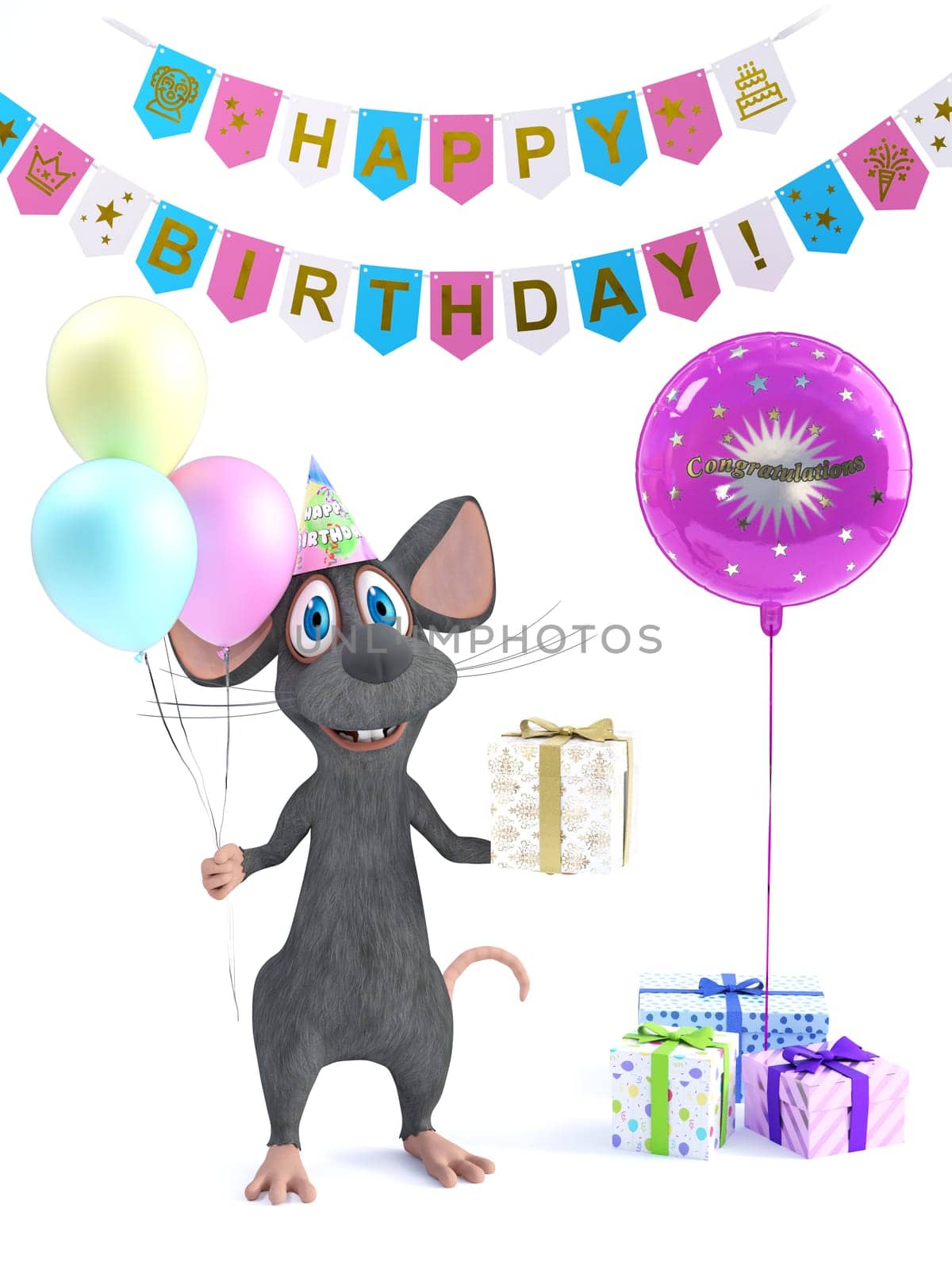 3D rendering of a cute smiling cartoon mouse holding three balloons in one hand and a wrapped present in the other celebrating a happy birthday party. White background with gifts and celebration banners.