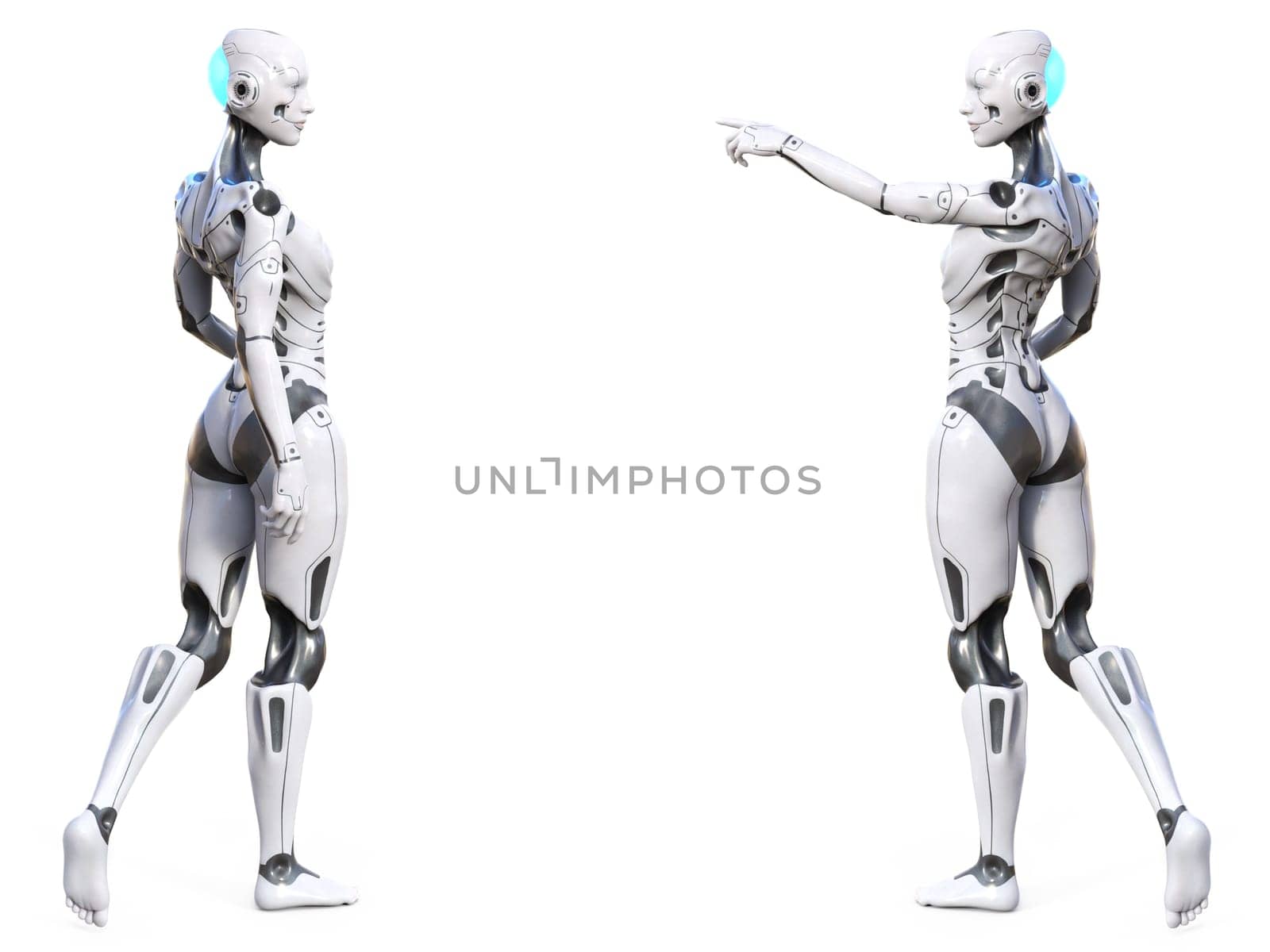3D rendering of two android robot woman posing with their backs against the camera and facing each other. White background.