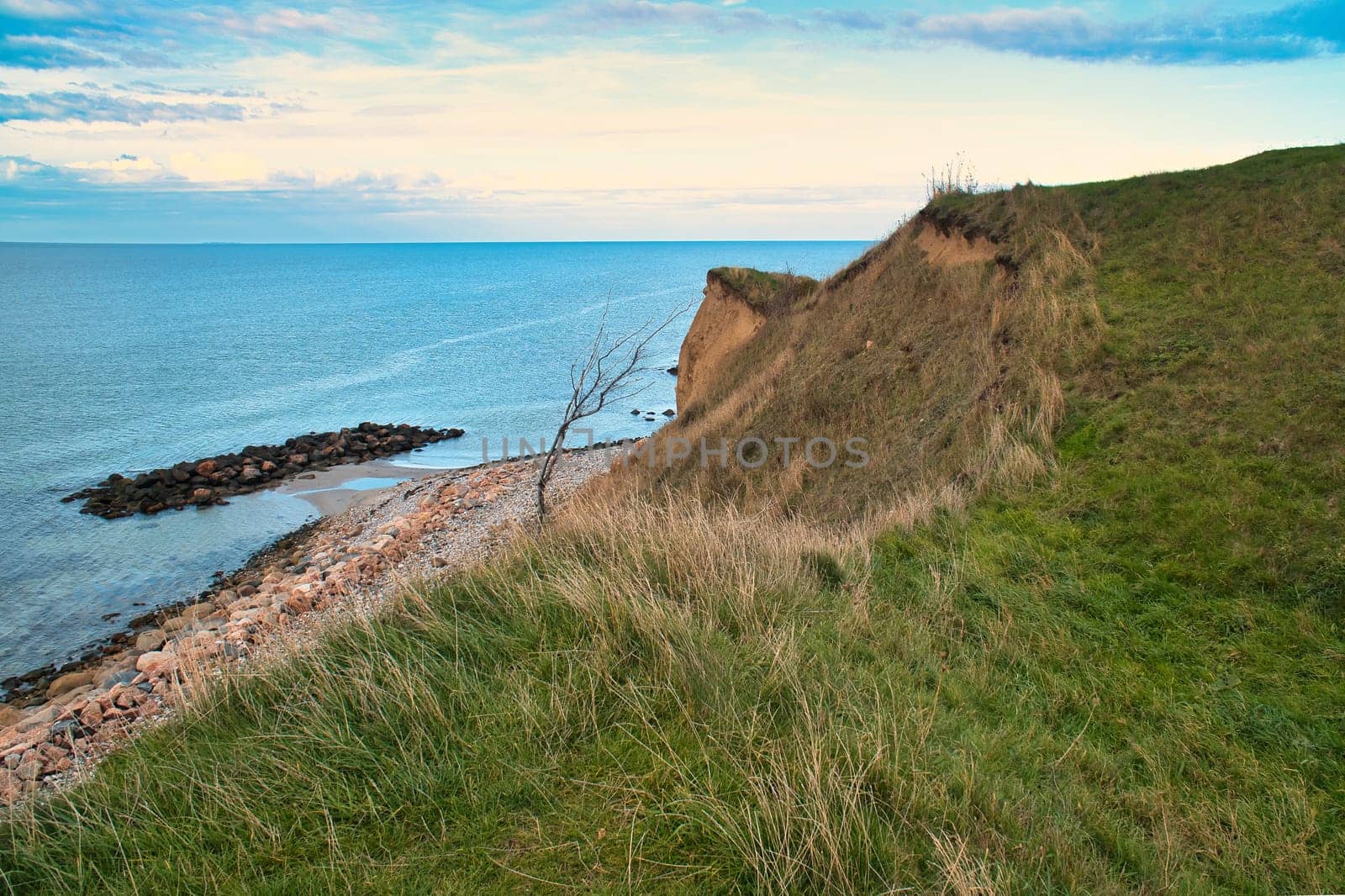 Hundested, Denmark on the cliff overlooking the sea. Baltic Sea coast, grassy meadow, beach. Clouds on horizon. Landscape photo from Scandinavia.