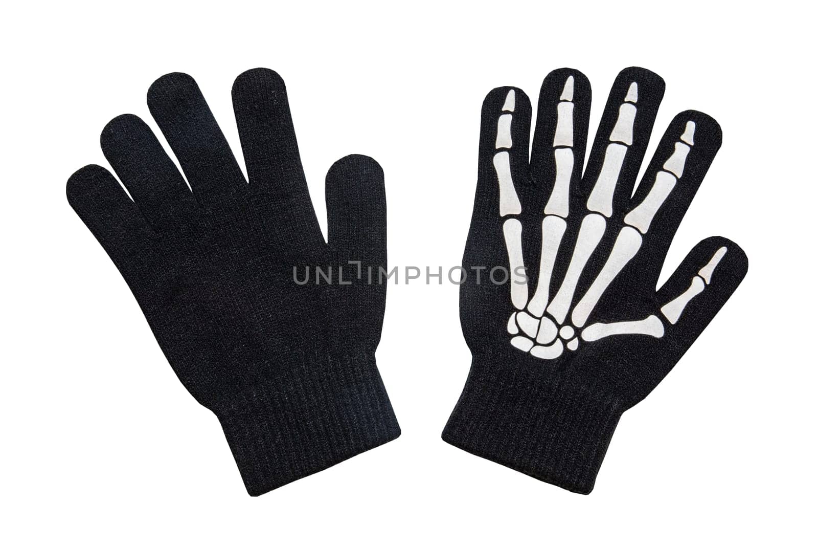 Halloween equipment. Close-up of a pair of skeleton gloves isolated on a white background.