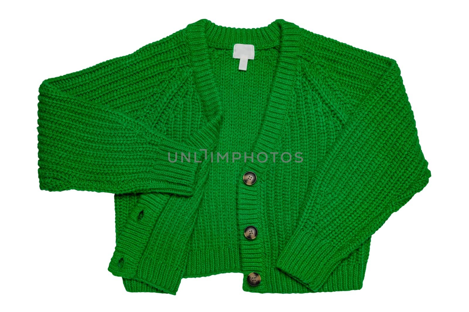 Casual elegant fluffy long-sleeved cardigan with V-neck and button closure isolated on a white background. Clipping path. Womens green sweater or jumper. Autumn and winter fashion.