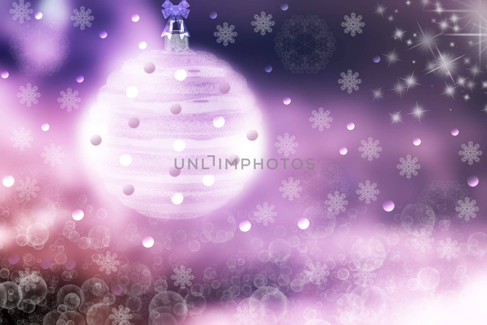 Abstract blurred festive winter christmas or Happy New Year background with shiny pink and violet bokeh lighted xmas balls and stars. Space for your design. Card concept.