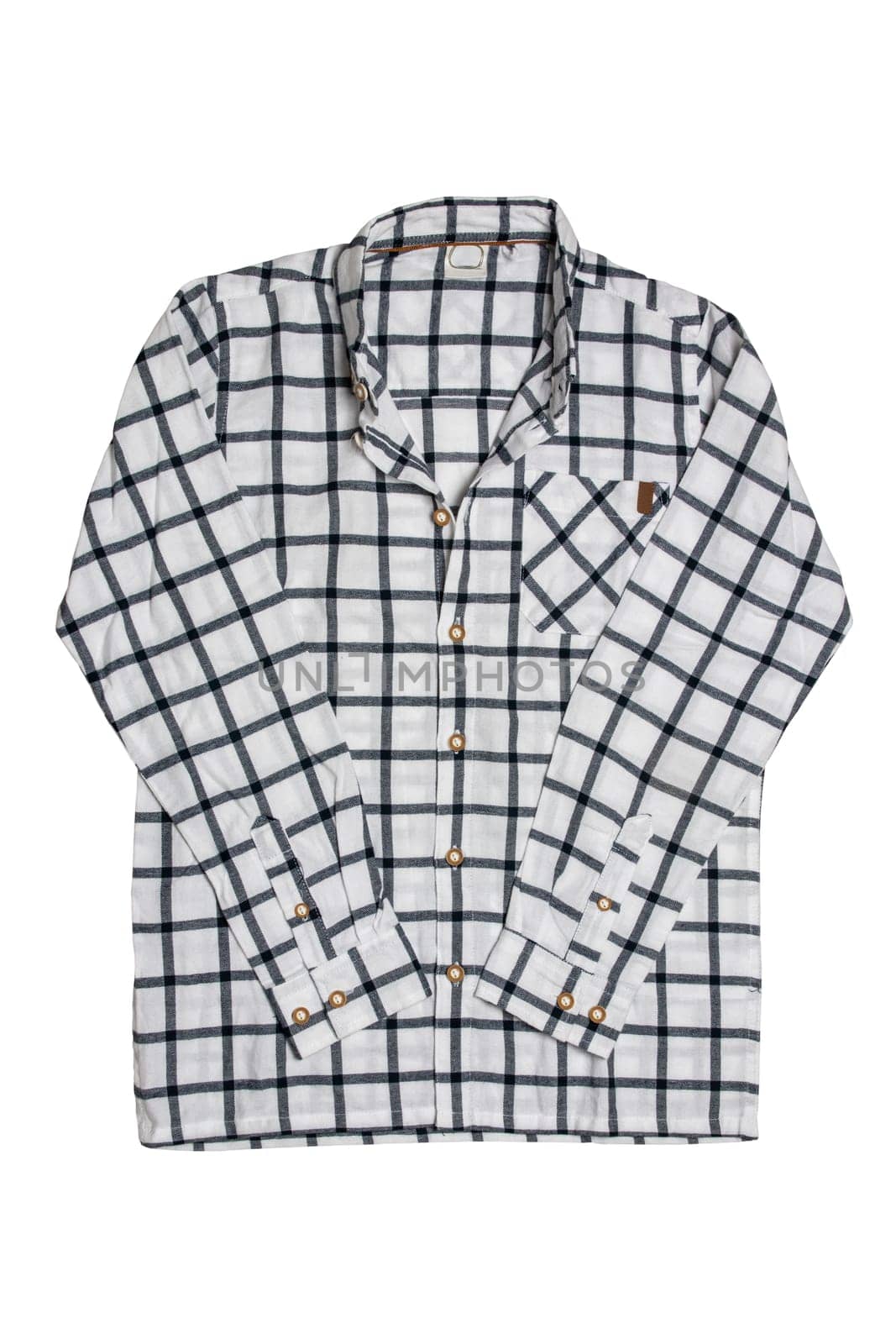 Checked shirts. Close-up of a black and white tartan or plaid shirt for mens isolated on a white background. Clipping path. Summer fashion of mans clothes.